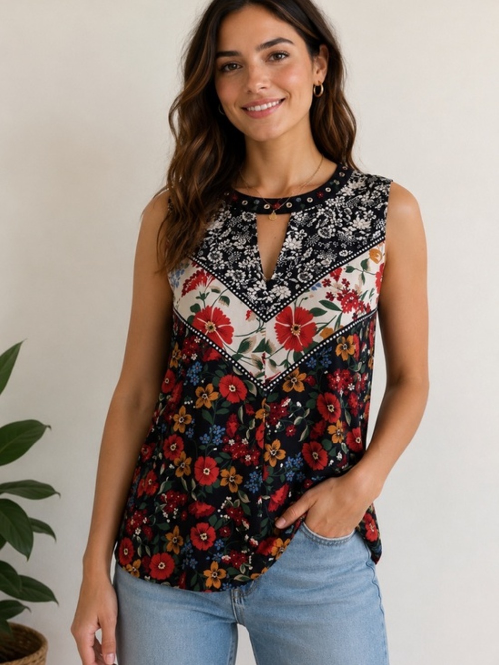 Laundry By Shelli Segal Floral Beaded Cut Out Sleeveless Blouse Size Small NWT